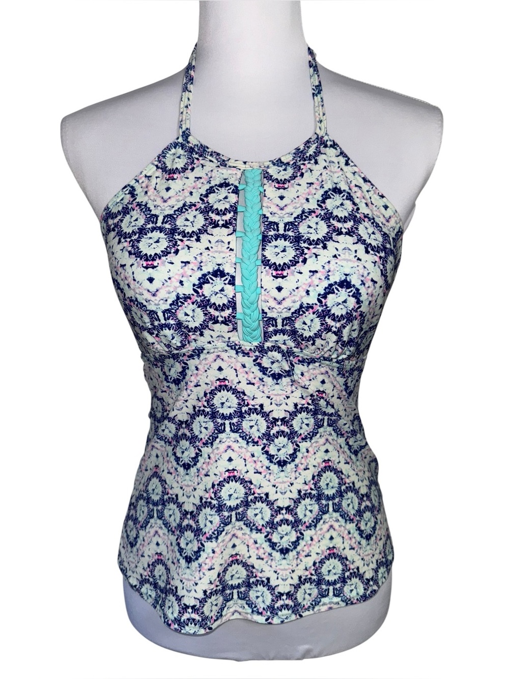 SO Swim Halter Tankini Top Size Medium Blue White Paisley Print Swimwear Y2K